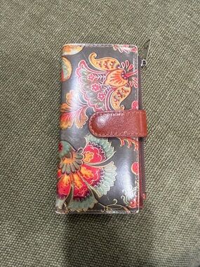 Patricia Nash Floral Zip Wallet in Brown with Red, Orange and Green Accents